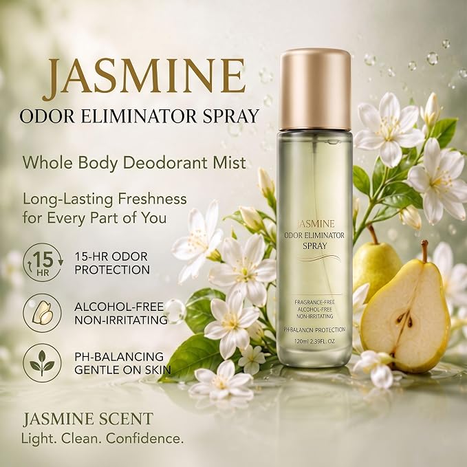 Jasmine Scent Spray & Body Mist, Long-Lasting Whole Body Deodorant for Women & Men, Alcohol-Free Clean Fragrance Deodorant Spray For Everyday Wear, 15 HR Odor Protection, 3.4 Fl Oz