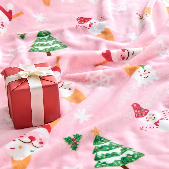 Edenleaf Christmas Blanket Soft Cozy Pink Throws with Snowman Snowflake Santa Claus and Xmas Trees Print, Fuzzy Warm Christmas Throw Blanket for Couch Bed Holiday Decorations Gifts 60"x80" (Pink)