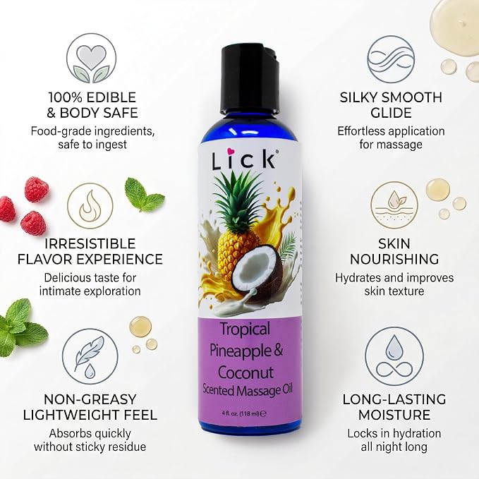 Lick Tropical Pineapple and Coconut Massage Oil with Vitamin E - Edible Body Oil for Couples Massage - Sweet Almond and Coconut Oil Blend - Smooth Long-Lasting Glide for Men and Women - 4 oz