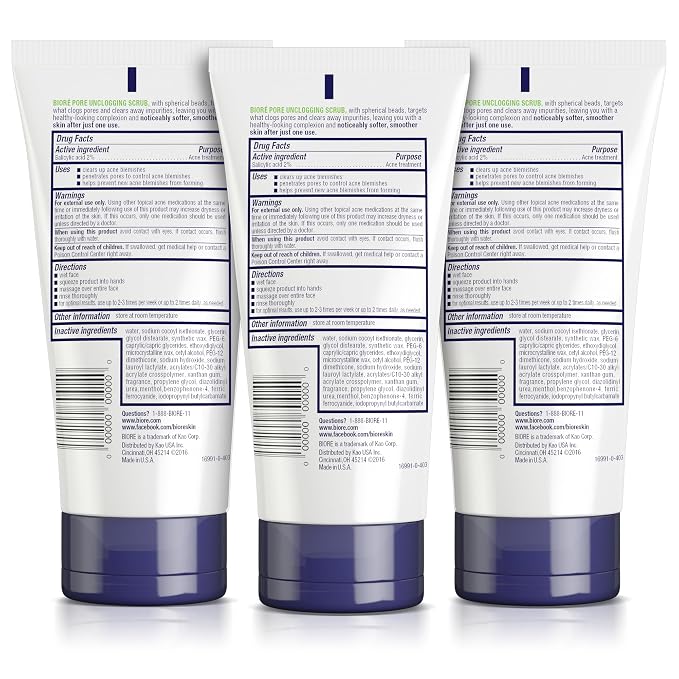 Biore Pore Unclogging Scrub With Salicylic Acid, Oil Free, 5 Oz, 3 Pack | Removes Excess Dirt & Oils, Deep Exfoliation, Clears Congestion, Smooth Texture, Fresh Clean Finish