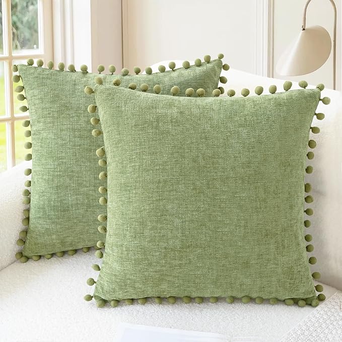 CaliTime Decorative Couch Throw Pillow Covers 16 X 16 Inches Sage | Pack of 2, Cozy Chenille Cushion Cases, with Pom Poms for Sofa Bed Living Room Farmhouse Home