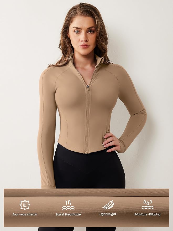 AVGO Women's Workout Jacket Lightweight Zip Up Cropped Yoga Jackets Slim Fit Athletic Tops with Thumb Holes