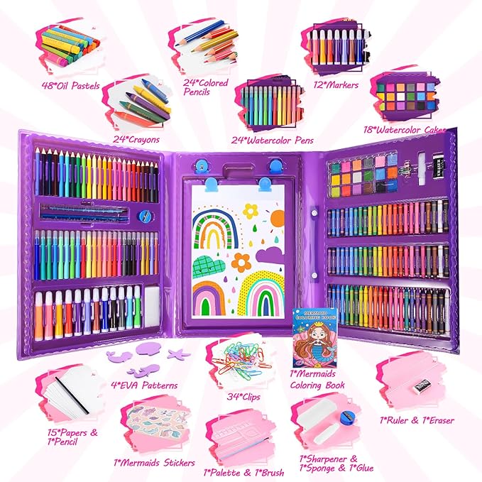 Art Supplies, Art Kits Arts and Crafts for Kids Age 4-6 6-8 8-12 with Trifold Easel,Includes Sketch Pads,Oil Pastels,Crayons,Colored Pencils,Drawing Set for 3-12 Year Olds Girls Boys (Mermaids-Purple)