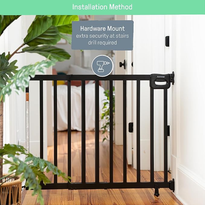 Summer Infant Deluxe Stairway Simple to Secure Safety Pet and Baby Gate,30'-48' Wide, 32' Tall, Install on Wall or Banister in Doorway or Stairway,Hardware Mount, Auto Close Walk-Thru Door-Black Wood
