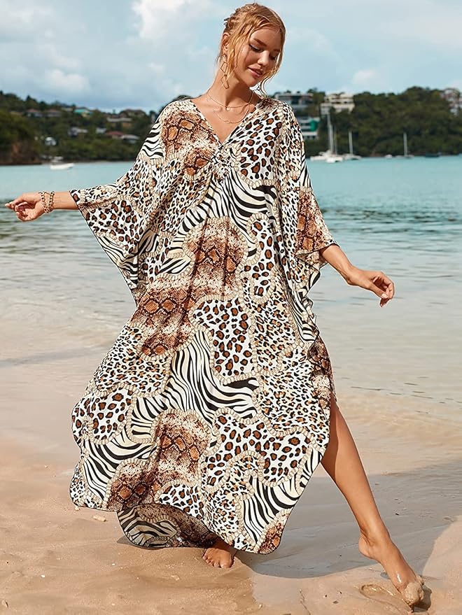 Venasha Womens Caftan Floral Print Kaftan Dress Short Sleeve Swimsuit Cover up Loungewear for Summer