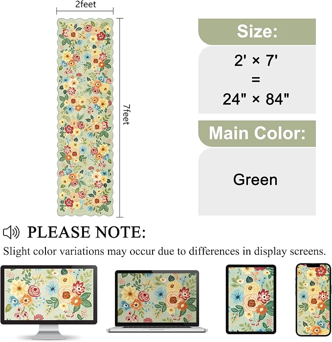 DUKINO 2x7 Runner Rug for Hallway, Floral Washable Rug for Kitchen, Green | Low Pile, Stain Resistant, Soft Throw Carpet Runner for Entryway, Bedroom, Bathroom, Laundry, Pet Friendly, Modern Home Decor
