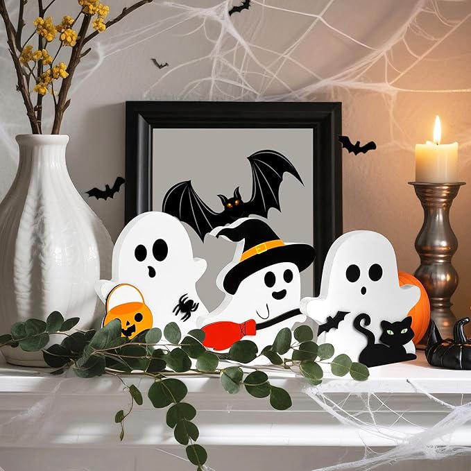 Cute Halloween Decorations Indoor-Cute Halloween Wooden Tiered Tray Decor, 3 Pcs Wooden Ghost Blocks Signs for Home Shelf Mantel Tabletop Office Party Fireplace