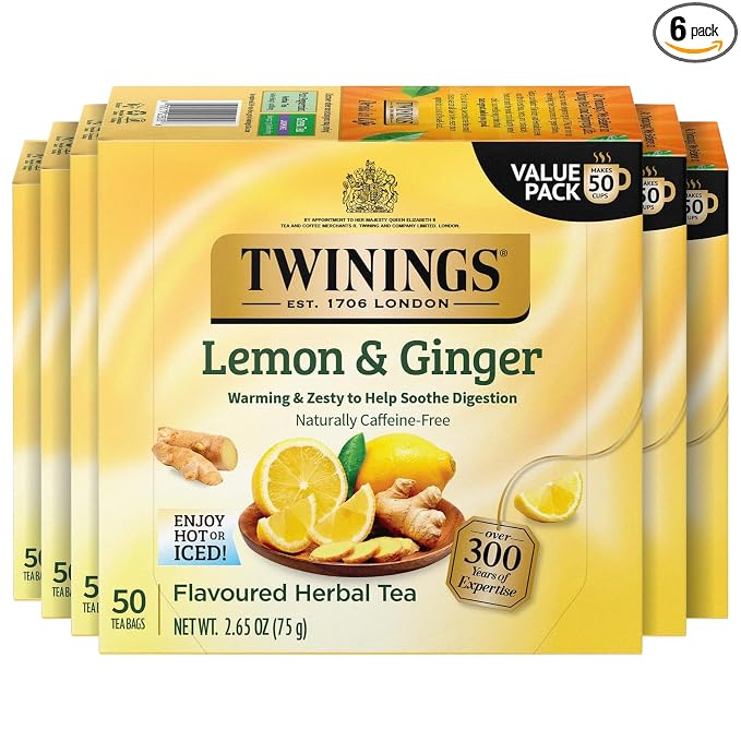 Twinings Lemon & Ginger Herbal Tea Individually Wrapped Bags, 50 Count (Pack of 6), Tangy Lemon & Spicy Ginger, Naturally Caffeine-Free, Enjoy Hot or Iced, 300 Teabags