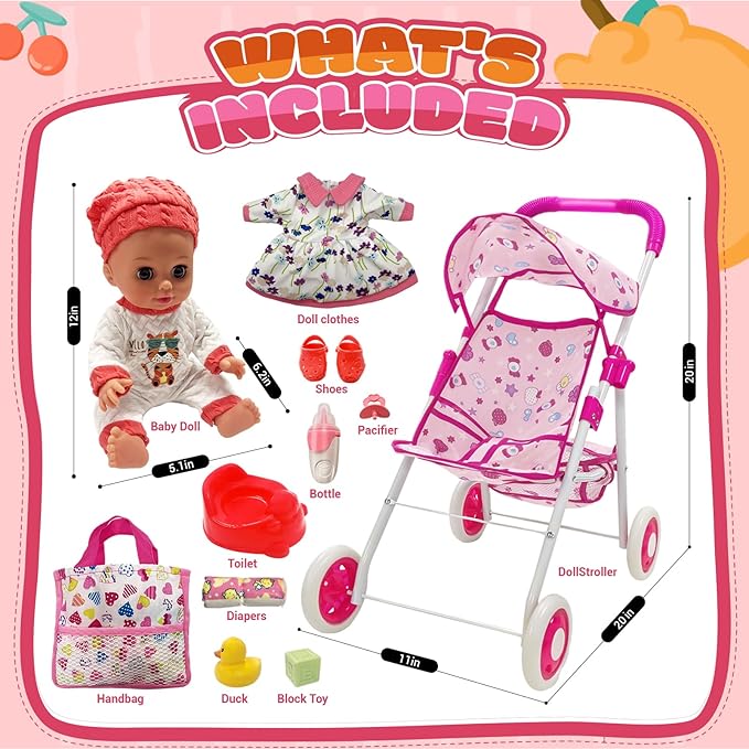 Baby Doll Stroller Set Interactive Baby Doll Eyes Open & Close with Doll Accessories Pretend Play Playset Realistic Baby Stroller Toy for Kids Toddlers Girls Ages 3+