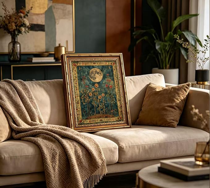 Vintage Gold Framed Celestial Moon Wall Art,Tarot Crescent Moon Painting Canvas Print,Gothic Moody Wildflowers Wall Decor,Dark Academia Vibe Poster Artwork,for Living Room Bedroom Bathroom