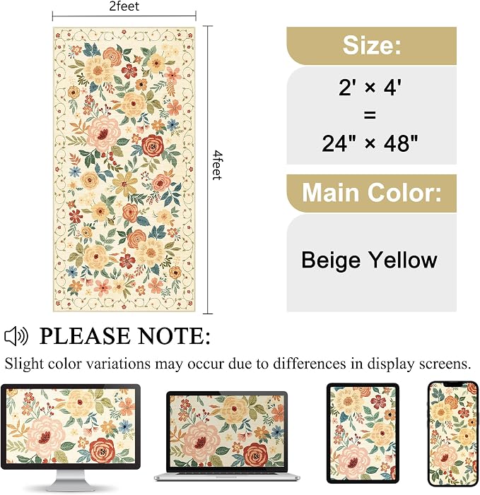 DUKINO 2x4 Entryway Rug, Floral Washable Kitchen Rugs Non Slip Beige Yellow | Low Pile, Soft Indoor Runner Rug for Hallway, Bedroom, Bathroom, Laundry, Pet Friendly, Modern Home Decor, Stain Resistant