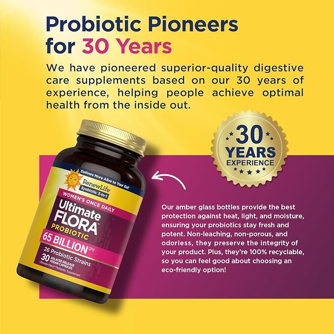 Renew Life Ultimate Flora Probiotics for Women 65 Billion CFU Delayed Release Vegan Capsules | Vaginal | Digestive Health | Immune Health | Dairy Free | 30 Count | 30 Delayed Release Vegan Capsules | Vaginal, Digestive & Immune Support | Dairy, Soy and...