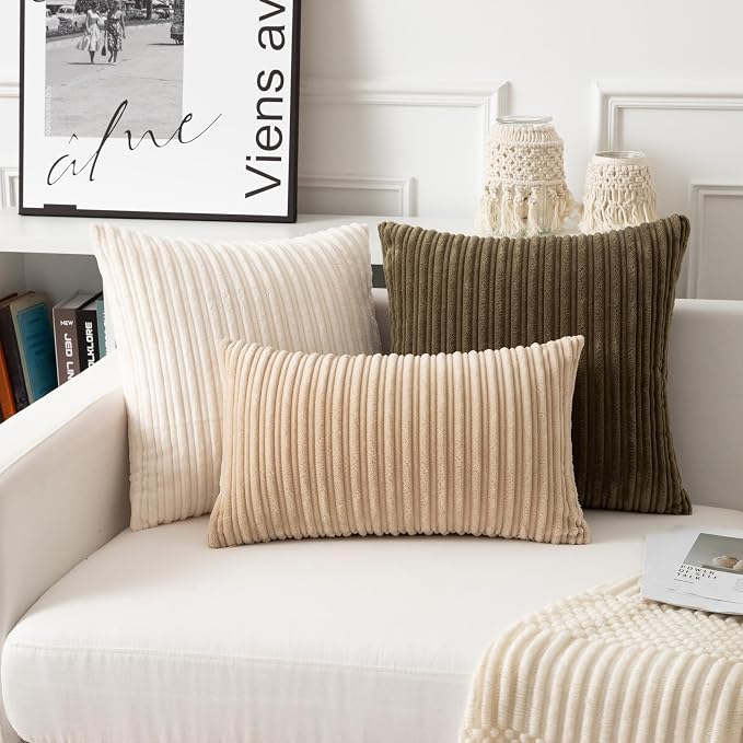 UGASA 12x24 Inch Pillow Cover Pack of 1 Soft Boho Stripe Corduroy Long Rectangular Lumbar Cushion Cover Farmhouse Decorative Throw Pillowcase for Bed, Couch, Sofa, Bedroom, Living Room, Beige
