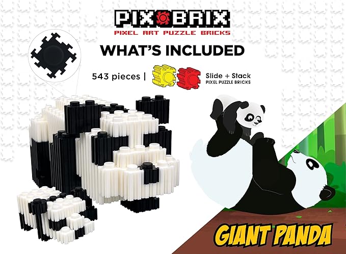 Pix Brix - Wild Kratts Toy Pixel Art Kit - Giant Panda, 543 Pieces - Patented Slide + Stack Pixel Puzzle Building Bricks, Build & Collect Wild Kratts Animals - Stem Toys, Ages 6 Plus