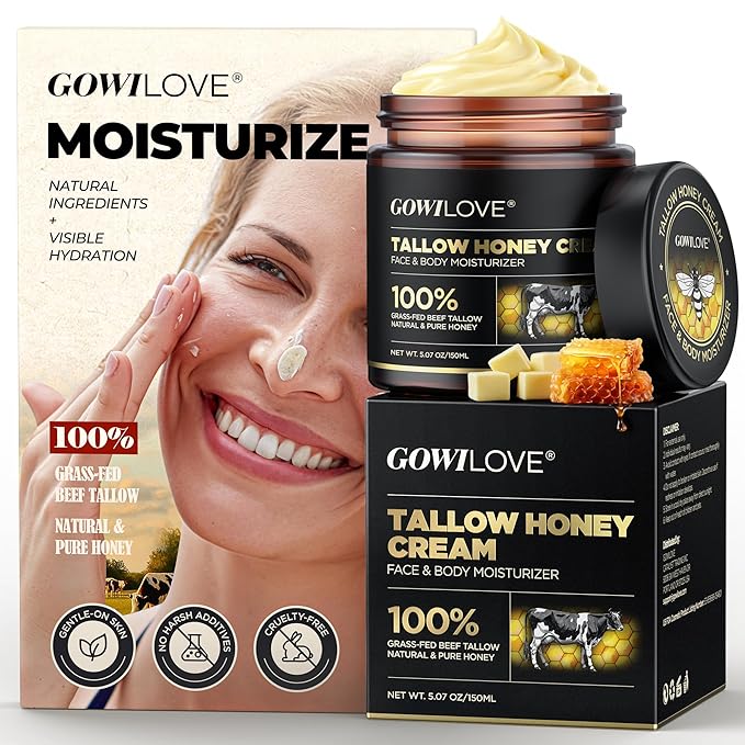 12Hr Moisture Lock Beef Tallow for Skin Care, Instant Redness Eraser Tallow and Honey Balm with 6 Botanical Rescue, Dewy Not Oily Face Cream Moisturizer Gift for Women Eczema Rosacea 5.07 Oz
