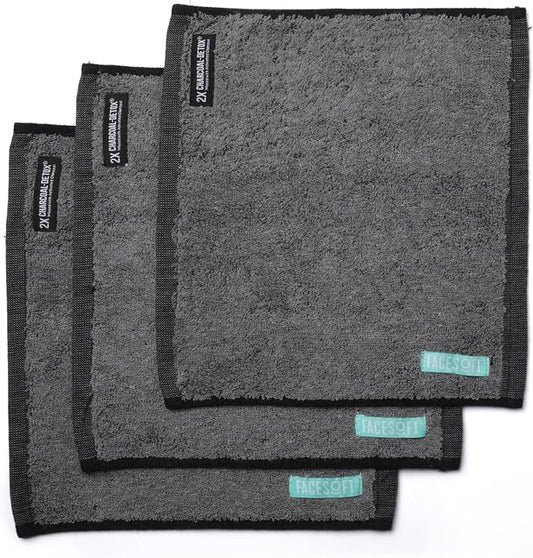 FACESOFT Mini Towels Charcoal 2X PRO Detox Multipack - Double Activated Charcoal - Pulls Toxins and Impurities from Skin - Soft and Absorbent Cotton Exercise Towel - Workout Towel for Sweat - 3 Pc