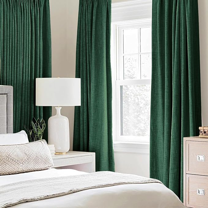 MIULEE 100% Blackout Linen Curtains for Bedroom Thermal Insulated Emerald Green Grommet Room Darkening Curtains & Drapes Christmas Decor for Living Room 52 x 84 Inch (2 Panels)