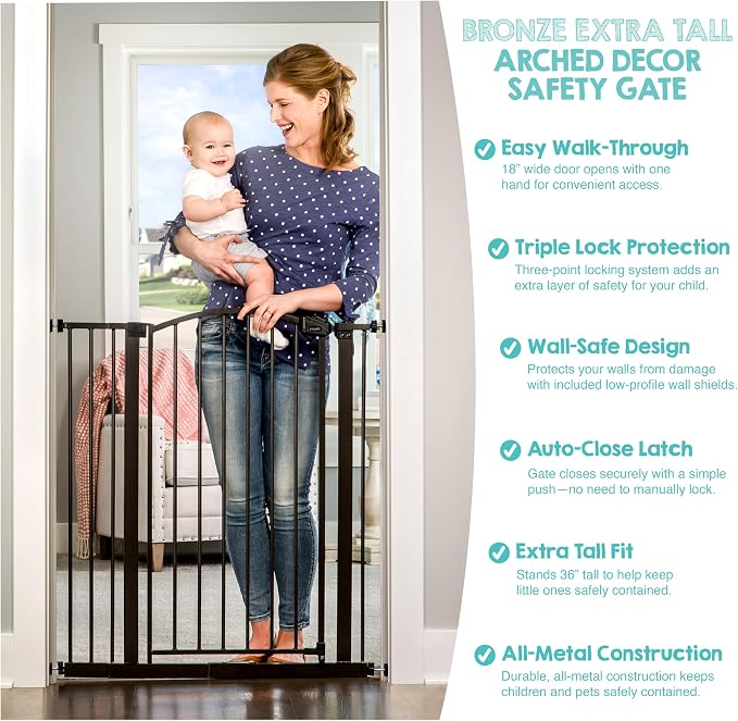 Regalo Easy Step Extra Tall Arched Décor Walk Thru Baby Gate, Includes 4-Inch Extension Kit, 4 Pack Pressure Mount Kit and 4 Pack Wall Mount Kit, Bronze, 36-Inches Tall (Pack of 1)