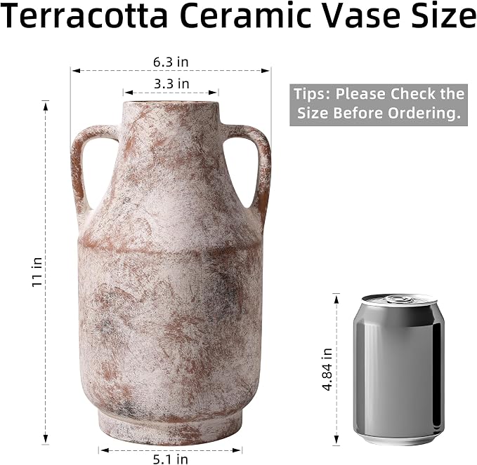 Ceramic Flower Vase with Handles, 11 Inch Tall Rustic Vase, Large Terracotta Pottery Vase for Home Decor, Farmhouse Decorative Vase for Living Room Kitchen Table Shelf Bedroom Decor