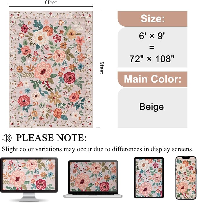 DUKINO 6x9 Area Rugs, Floral Washable Rug for Bedroom Non Slip, Beige | Soft, Low Pile, Large Indoor Rug for Living Room, Dining Room, Kids Room, Office, Pet Friendly, Home Decor, Stain Resistant