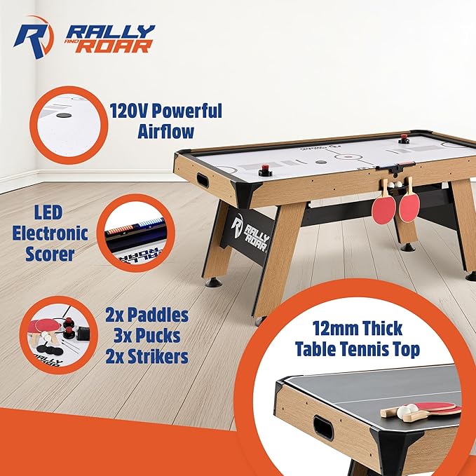 Rally and Roar 72 Inch Air Hockey Table with LED Scorer and Table Tennis Top
