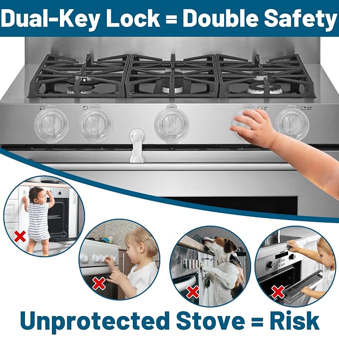 Childproof Stove Knob Covers, Oven Knob Covers for Child Safety 5+1 Pack,Clear Stove Knob Safety Covers & Gas Stove Locks, Heat-Resistant Adhesive,Double-Key Baby Proof Covers for Gas/Electric Burners