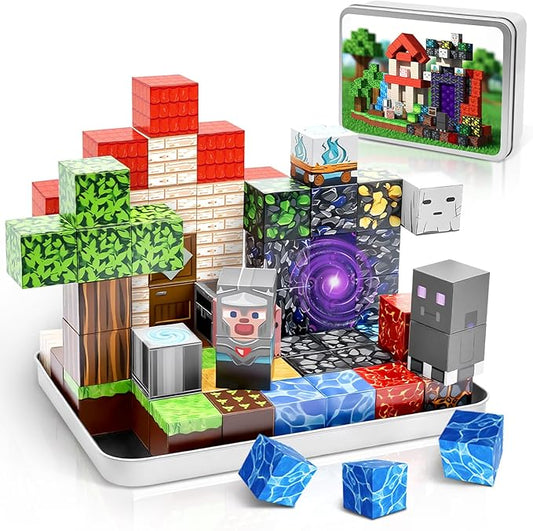 70PCS Magnetic Building Blocks Travel Toys for Kids Ages 4-8, Forest Portal Mini Magnetic Blocks with Iron Case, Portable Magnet Cubes STEM Learning Set for Toddler Boys Girls Ages 3+