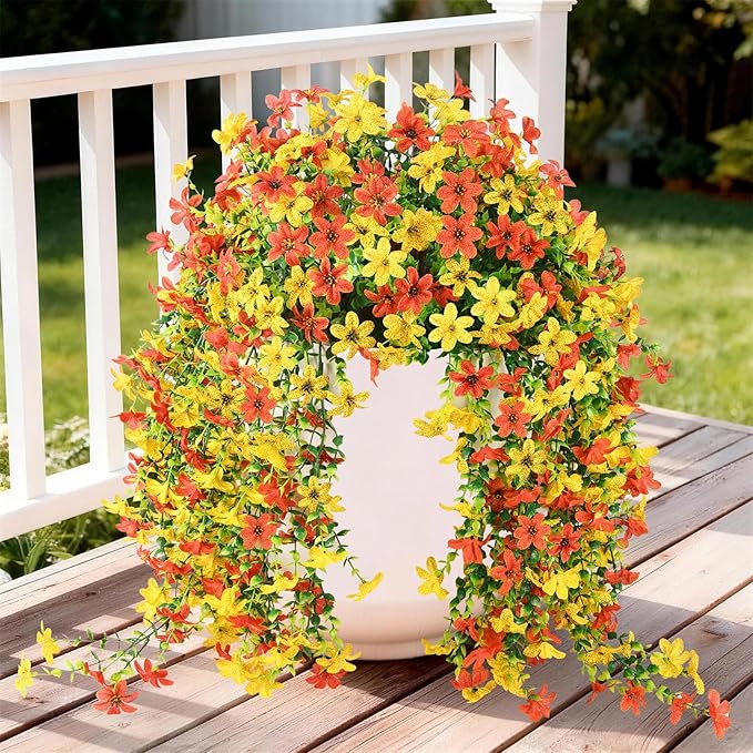 INQCMY Artificial Fake Hanging Flowers Plants for Outdoor Fall Decoration | 2 PCS Faux Silk Daisy with Eucalyptus Leaves,UV Resistant Look Real for Outside Home Planter Porch Patio Balcony Yard Decor