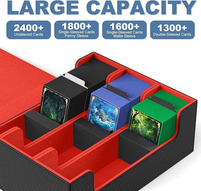 Mlikero Card Deck Case, 1800+ Trading Card Storage Box with 10 Dividers and 3 Foam Stoppers, Leather Magnetic Closure Commander Deck Box Fit for YuGiOh, MTG and Sport Cards(Black&Red)
