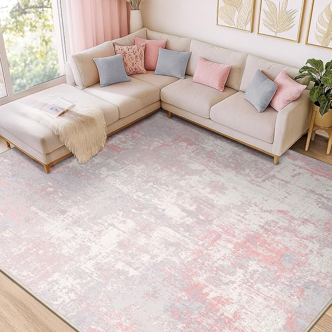 RELEANY Washable 9'x12' Abstract Area Rug for Living Room Gray Pink | carpet for bedroom, kitchen, office, hallway and entryway, printed pattern, non-slip, soft, stain-resistant, easy to clean
