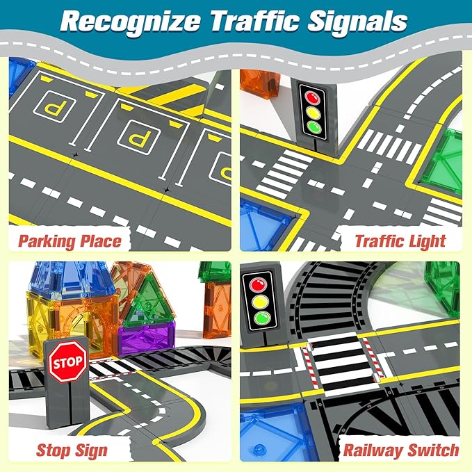 Magnetic Tiles Road & Train Track Expansion Pack Magnetic Building Blocks Construction Kids Toys for Ages 3-12 Boys Girls Building Toys Includes Road Tracks, Traffic Lights, Parking Spot