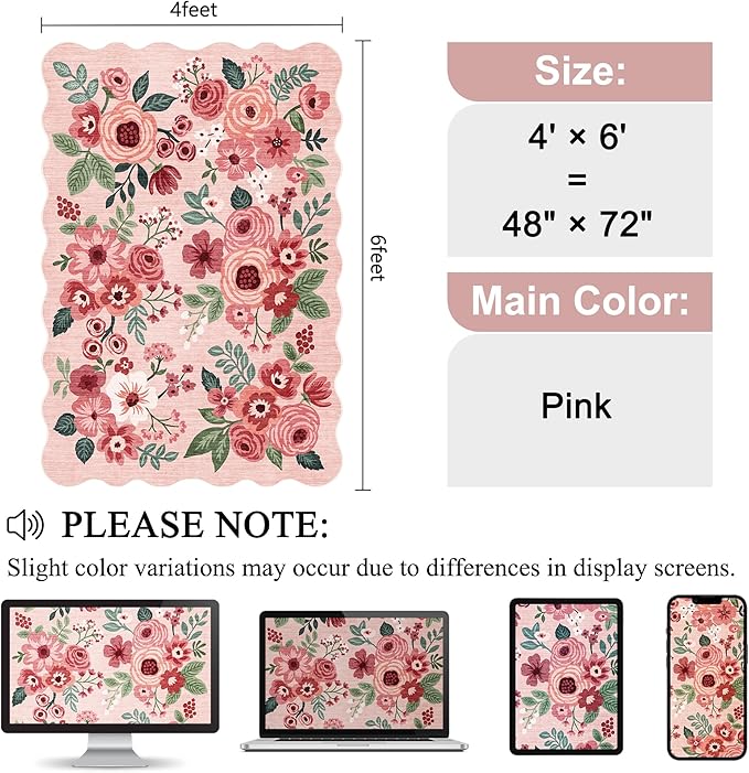 DUKINO 4x6 Area Rug, Non Slip Floral Washable Rug for Living Room, Pink | Low Pile, Stain Resistant, Soft Throw Rugs for Bedroom, Office, Dining Room, Nursery, Pet Friendly, Home Decor, Lightweight