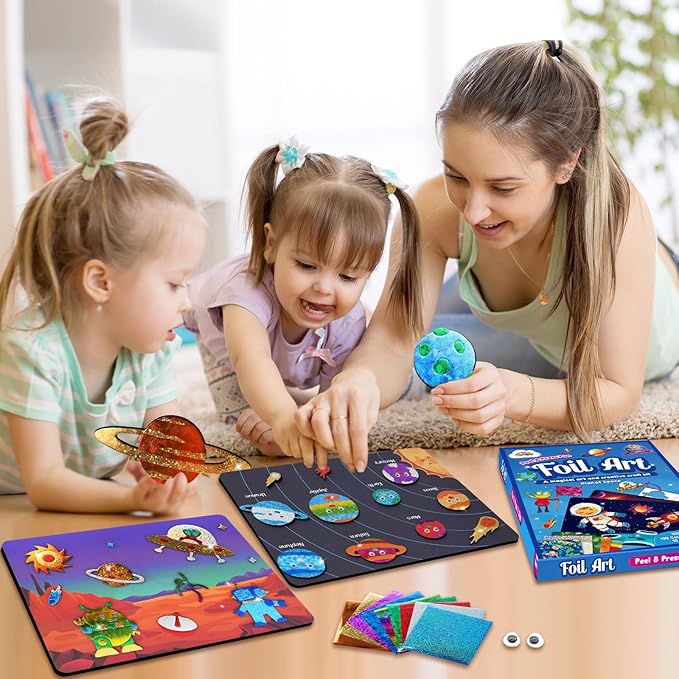 ZMLM Foil Art Kit for Kids - Arts Crafts Fun Mess Free Activity, Gifts for Ages 4 5 6 7 8 9 Girls Boys, Crafts for Kids Creative Birthday Easter Basket Stuffers Gifts Toys (Planet Space)