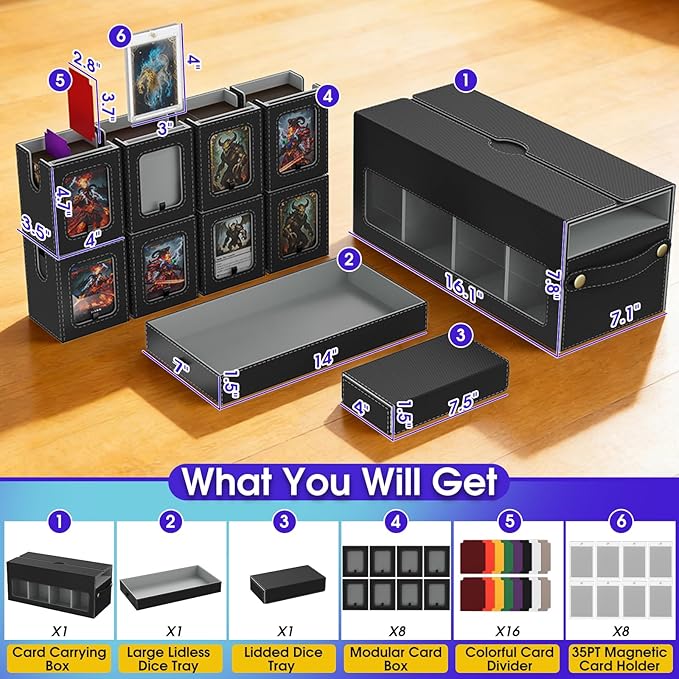 Cortile Commander Deck Box for MTG, 10 IN 1 Card Deck Box with 8-Deck Modular Card Case and 2 Dice Trays Holds 1040+ Double-sleeved Cards, Removable MTG Deck Box with Handle for TCG/EDH, Black Grey