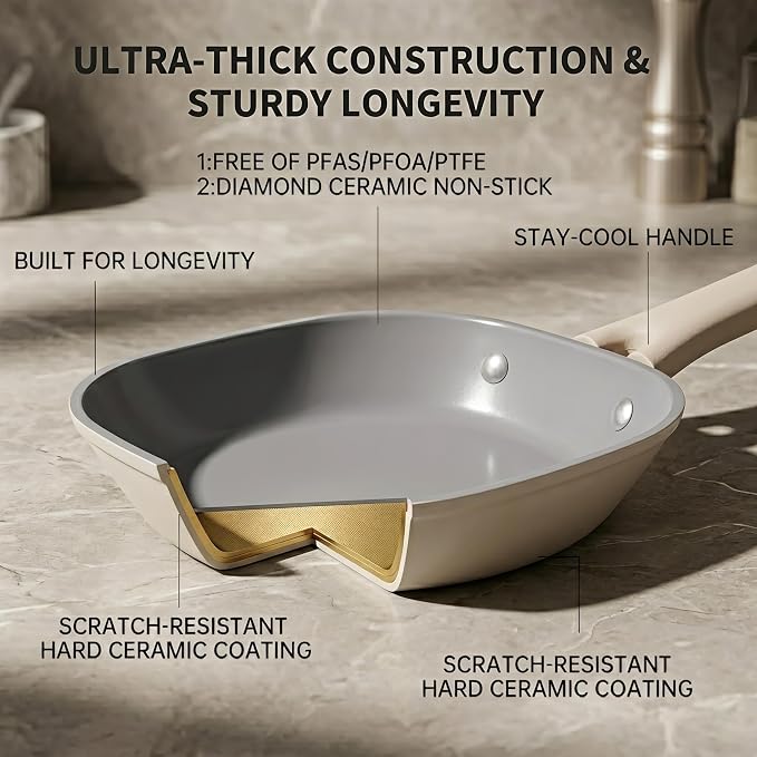 8 Inch Ceramic Nonstick Frying Pan - Dual Ceramic Coating Inside & Out, PFAS/PFOA-Free Skillet, Induction Compatible & Dishwasher Safe, Stay-Cool Handle, Eco-Friendly Egg Pan