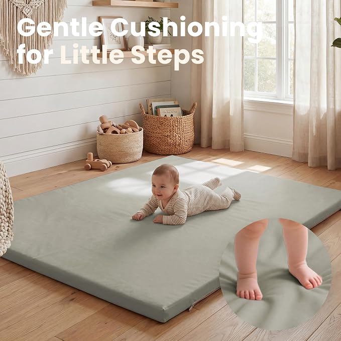 Huloo Sleep Baby Play Mat 65x50 Inches, 1.3" Thick Padded Waterproof Floor Cushion & Playpen Mat with Vegan Leather, Non-Slip & Non-Toxic Nursery Rug for Infants, Toddlers & Kids(Grey)