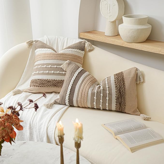 Boho Decorative Throw Pillow Cover 22x22 Square Brown Accent Pillowcase Tassels Farmhouse Cushion for Couch Sofa Bedroom Livingroom Home Décor Cover ONLY (Pack of 1)