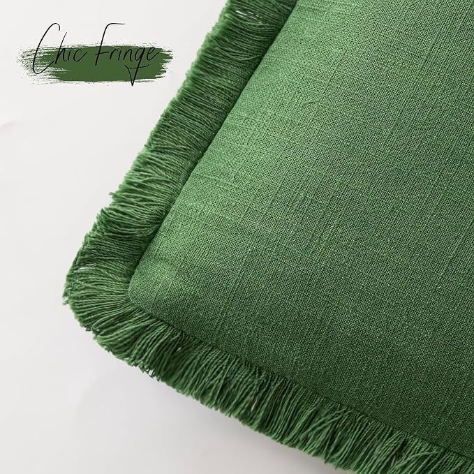 Foindtower Set of 2 Decorative Linen Fringe Throw Pillow Covers Cozy Boho Farmhouse Cushion Cover with Tassels Soft Accent Pillowcase for Couch Sofa Bed Living Room Home Decor,24×24 Inch,Forest Green
