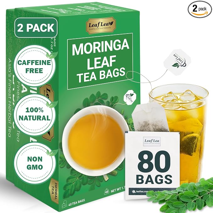 LeafLea Moringa Tea Bags, Pure Moringa Leaf Herbal Tea, 80 Count, 2 Boxes | Mild Earthy Moringa Oleifera Leaves, Foil-Wrapped Fresh, Caffeine-Free, Sugar-Free, Stock-Up Pack of 2