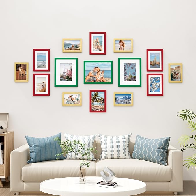 Vittanly 15 Pack Gallery Wall Frame Set, Green, Red, Gold | Picture Frames Collage Wall Decor: 3pcs 8x10, 6pcs 5x7, 6pcs 4x6. Picture Frame Set for Wall or Tabletop Display