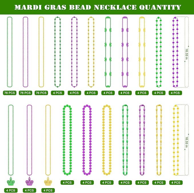 144PCS Mardi Gras Beads Throws, Mardi Gras Green Purple Gold Metallic Beads Necklaces Accessories Bulk, Mardi Gras Beads Necklace Costumes Women Men for Parade Throws Party Decor Favor Supplies