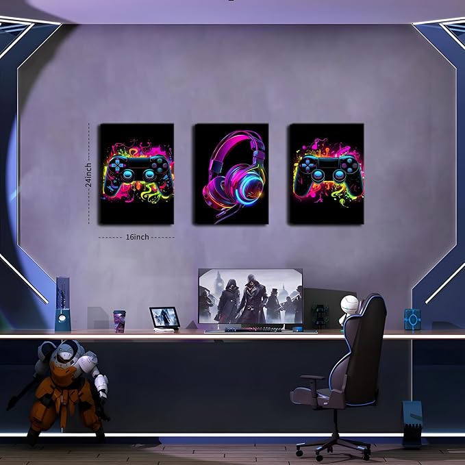 BGFCE Game Room Decor Set of 3, Neon Gaming Video Game Room Wall Art, Gaming Canvas Paintings Posters Prints for Teen Boys Room Children Teen Wall Decor Framed 16x24 in
