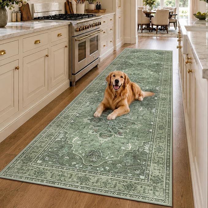RELEANY Area Rugs Runner 3'x10' Washable Non-Slip, Floral Vintage Distress Medallion Carpet for Kitchen Hallway Bedroom Beside Laundry Room Bathroom, Dark Green Gray