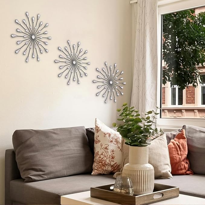 ZEXUIRU 3 Set Black Starburst Wall Art for Home Decor Metal Bling Crystal Rhinestones Sunburst Wall Decor Sparkling Rhinestone Art Accent Black - 18in