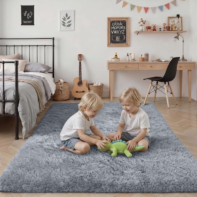 Fluffy 5x7 Area Rugs for Living Room Bedroom: Ultra Soft Shag Rug Non-Slip Non-Shedding Small Plush Bedside Rug Indoor Floor Carpets for Kids Room Playroom Entryway Nursery Dorms Home Decor Gray