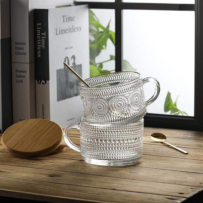 LANDNEOO 4pcs Set Vintage Coffee Mugs gifts for women, Overnight Oats Containers with Bamboo Lids and Spoons - 14oz Clear Embossed Glass Cups, Cute Coffee Bar Accessories, Iced Coffee Glasses
