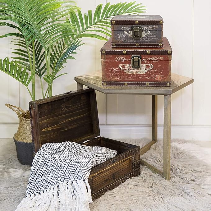 Jolitac Wood Storage Box Set of 3, Vintage Decorative Nesting Boxes Wooden Treasure Storage Crates With Latch, Home Decor Rustic Antique Boxes With Lid for Photos, Jewelry, Cash (Crown)