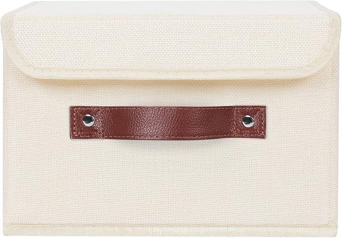 ANMINY Fabric Storage Box Bins with Lids, Beige, 13"x9"x7.9", 2 Pack | Keepsake Memory Storage, Cotton Linen, PP Board Reinforced, Washable, PU Handles, Foldable & Stackable, Decorative, Medium