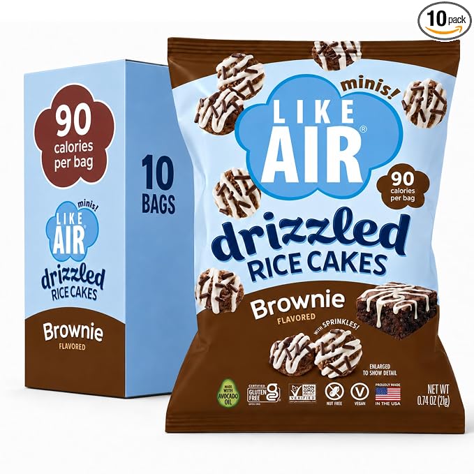Like Air Drizzled Rice Cakes - Brownie Snack Box (10ct) Vegan/Nut-Free | Brownie Snack Pack (Pack of 10) - 90 Calories Per Bag, Gluten Free Snacks For Kids, Kosher