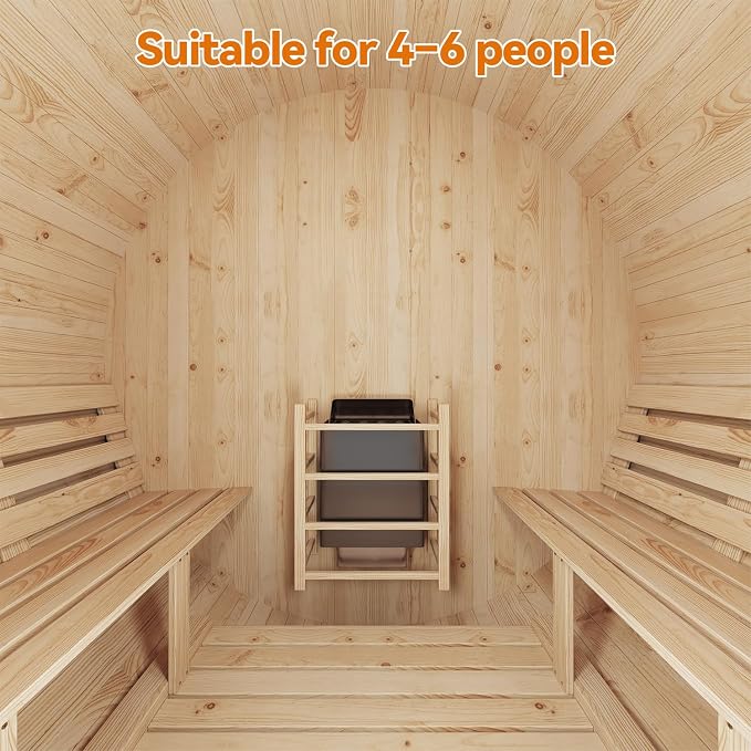 Large Capacity Outdoor Wooden Traditional Barrel Sauna for 4-6 Person Steam & Dry Heat Sauna with 6KW Heater, Sauna Stones, Thermometer – Spacious Bucket-Style Design for Backyard & Family Gatherings